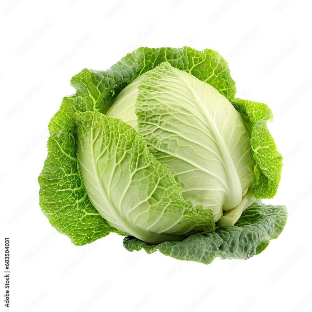 Obraz premium Green cabbage from a top view in an isolated and transparent PNG in a Vegetable-themed, photorealistic illustration. Generative ai