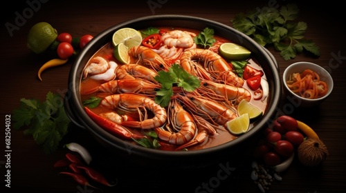 Thai Food Tom Yum Seafood, Tom Yum Kung Creamy spicy soup Hot Pot.