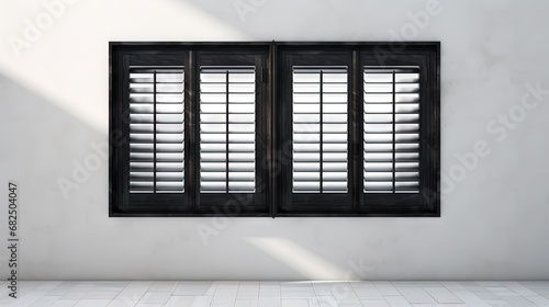 Frame of a wooden black window with white curtain and open shutters