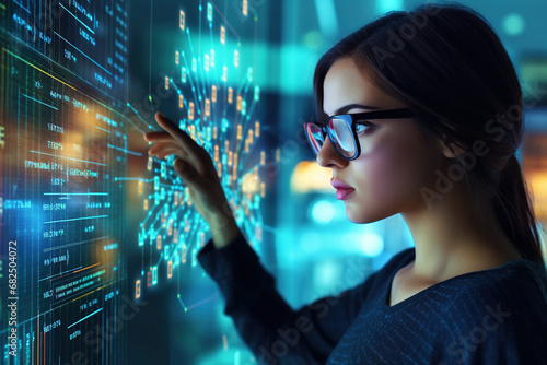 In a futuristic office, a female data scientist wearing glasses works on a holographic interface, conducting data analysis with cutting-edge technology.