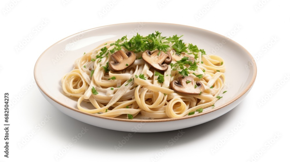 Spaghetti pasta with oyster mushrooms, creamy sauce and parsley. Healthy vegan food ready to eat. Trendy hard light, dark shadow, white background, close up