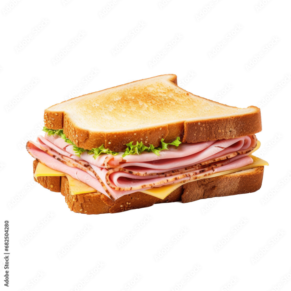 a sliced ham sandwich with cheese, lettuce and bread and butter pickles in an isolated and transparent PNG in an Food-themed, photorealistic illustration. Generative ai a sliced ham sandwich with cheese, lettuce and bread and butter pickles in an isolated and transparent PNG in an Food-themed, photorealistic illustration. Generative ai