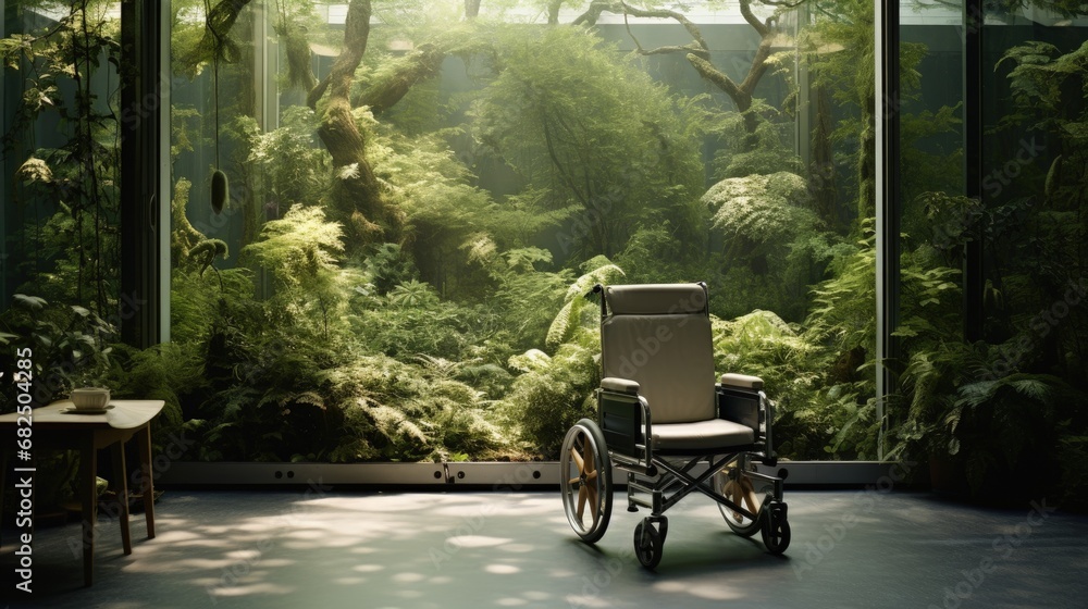 A room with a view of greenery and a wheelchair. Nursing care facility. - obrazy, fototapety, plakaty 