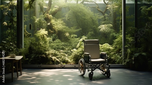 A room with a view of greenery and a wheelchair. Nursing care facility. photo