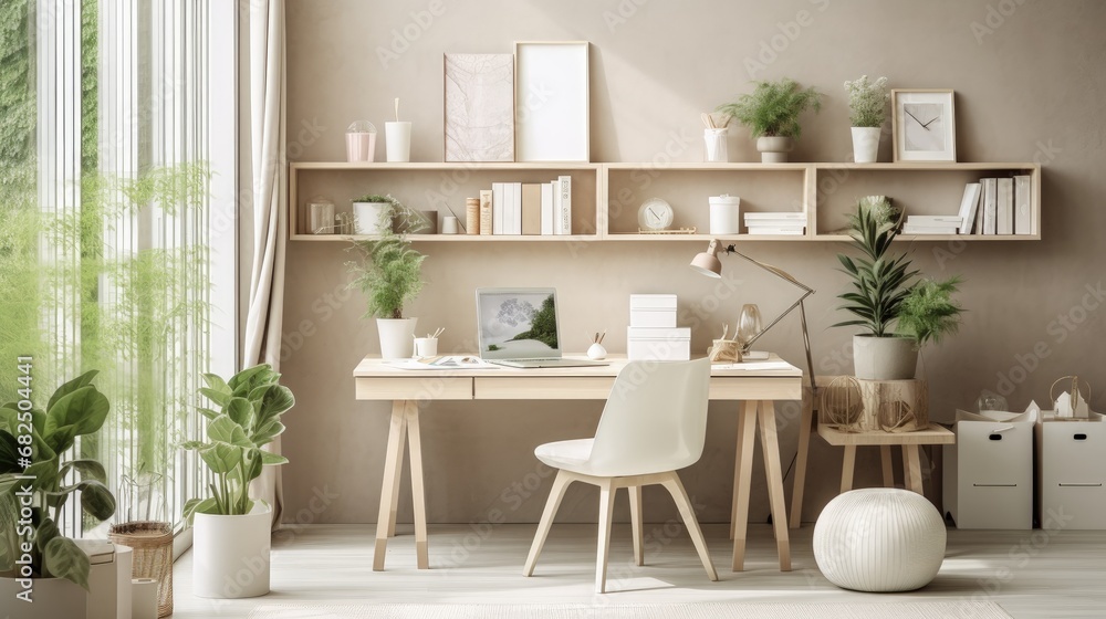 Design scandinavian interior of home office space with a lot of mock up photo frames, wooden desk, a lot of plants, mirror, office and personal accessories. Stylish neutral home staging. Template. Design scandinavian interior of home office space with a lot of mock up photo frames, wooden desk, a lot of plants, mirror, office and personal accessories. Stylish neutral home staging. Template.