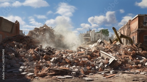 Recovery and recycling of concrete and brick rubble debris on construction site after a demolition of a brick building.