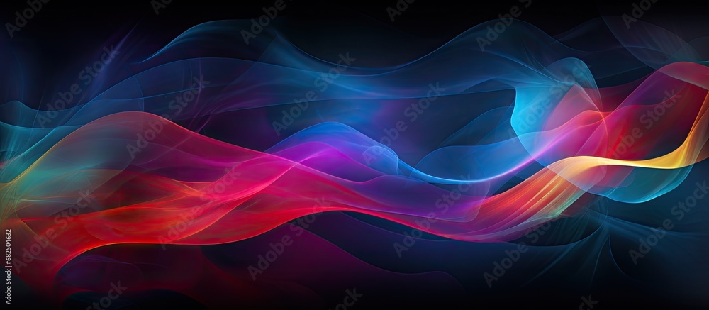 In an abstract digital illustration, vibrant colors dance across the canvas, merging with geometric lines and creating a beautiful design that seems to emit an ethereal energy. The black waves of