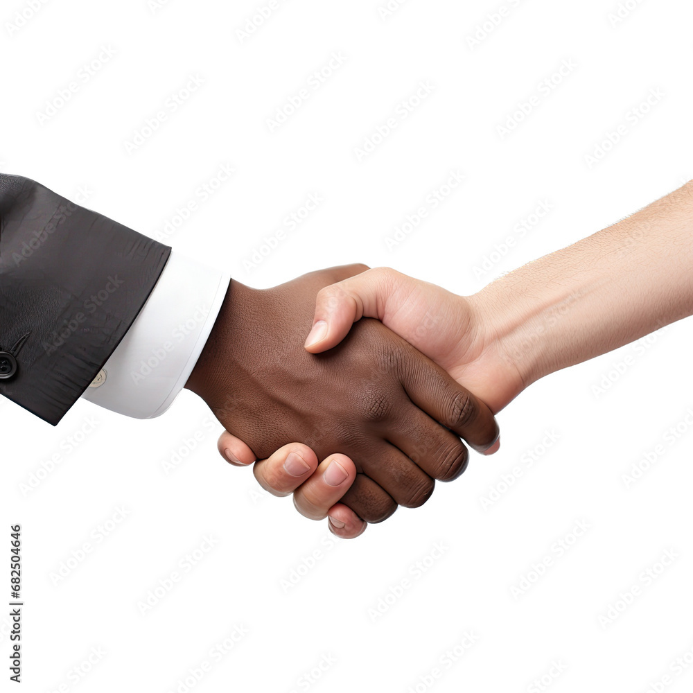  Black and White handshake, side view in an isolated and transparent PNG in a unity-themed, photorealistic illustration. Generative ai