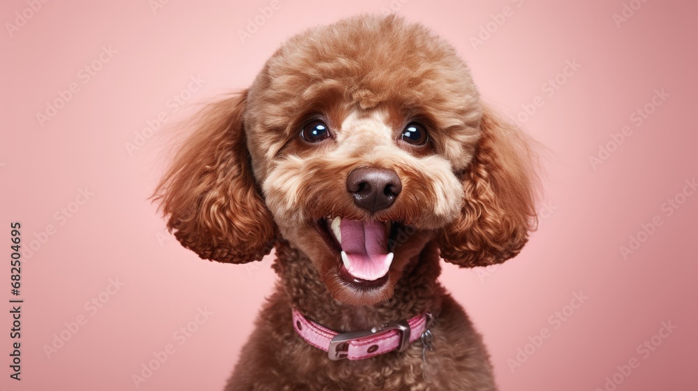 Portrait of brown poodle dog smiling and looking at the camera on a pink background. Copy space Portrait of brown poodle dog smiling and looking at the camera on a pink background. Copy space