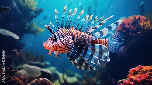 Predator lionfish in the sea, underwater photo. Tropical reef and venomous red fish. Snorkeling on the coral reef with colorful marine wildlife. Aquatic animal, corals and sea. photo