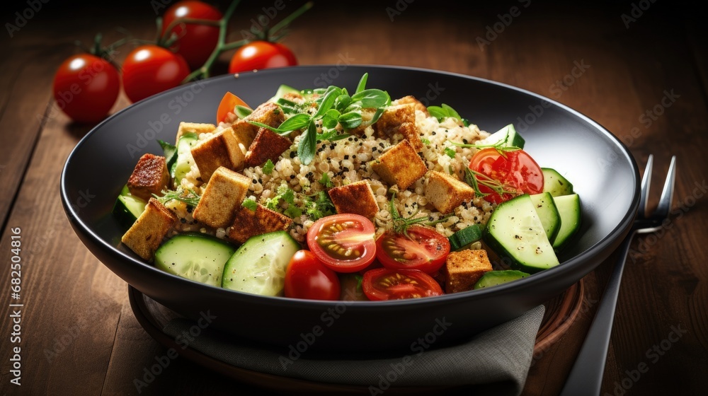 Organic Vegan Quinoa with vegetables like tomato, tofu, and cucumber
