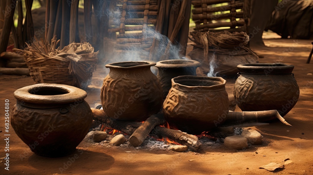 Few traditional African three legged pots by the wood fire cooking lunch