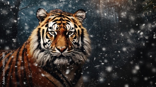  a tiger standing in the snow in front of a dark background with snow flakes on it's face and a blurry image of a tiger in the foreground.