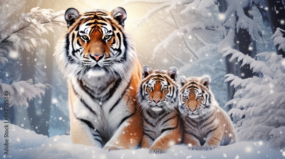 Obraz premium a painting of three tigers sitting in the snow in front of a forest with snow falling on the ground and snow falling on the trees and snow falling on the ground.
