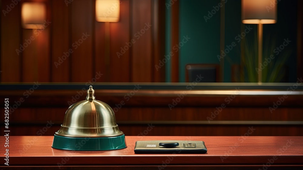 A front desk bell on reception counter. Hotel bell is normally use to call staff service and staff can help guests with any queries that they may have. - obrazy, fototapety, plakaty 