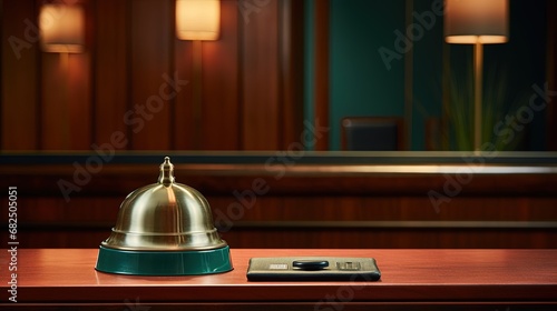 A front desk bell on reception counter. Hotel bell is normally use to call staff service and staff can help guests with any queries that they may have.