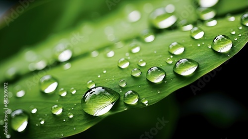 Very beautiful macro image of natural illuminated water droplets on surface of green leaf or stem of grass, symbol of fragility and purity nature.