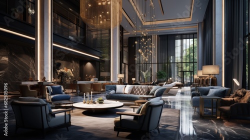 Concept of generic modern luxurious lobby for hotel with comfortable sofas, arm chairs and moody lighting