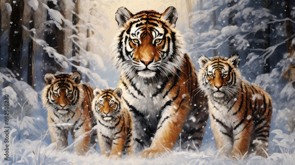 a painting of a group of tigers walking through a snow covered forest with a full moon in the sky in the middle of the painting is a snow covered area. a painting of a group of tigers walking through a snow covered forest with a full moon in the sky in the middle of the painting is a snow covered area.