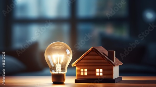 Light bulb and wooden house on the table. Concept of inspiration creative idea thinking and future technology innovation. Power energy sustainable photo