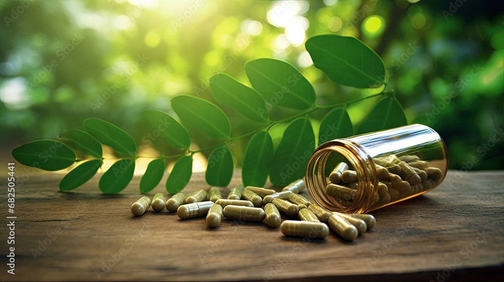 Herbal medicine in capsules from moringa leaf on rustic wooden table with copy space for medical background, healthy eating with natural product for good living Herbal medicine in capsules from moringa leaf on rustic wooden table with copy space for medical background, healthy eating with natural product for good living