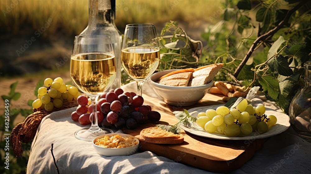 Picnic with glasses of white wine on a vineyard. Two glasses of white wine, cheese, bread, grape, berries, melon.
