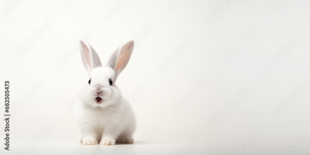 Fototapeta premium Cute Easter Bunny Pet Rabbit With Copy Space For Easter Background, Isolated White Bunny Background, Pastel Colors, Easter Celebration