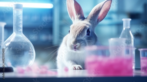 Cosmetics test on rabbit animal, Scientist or pharmacist do research chemical ingredients test on animal in laboratory, Cruelty free and stop animal abuse concept. photo
