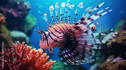 Predator lionfish in the sea, underwater photo. Tropical reef and venomous red fish. Snorkeling on the coral reef with colorful marine wildlife. Aquatic animal, corals and sea. photo