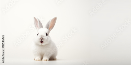Cute Easter Bunny Pet Rabbit With Copy Space For Easter Background, Isolated White Bunny Background, Pastel Colors, Easter Celebration