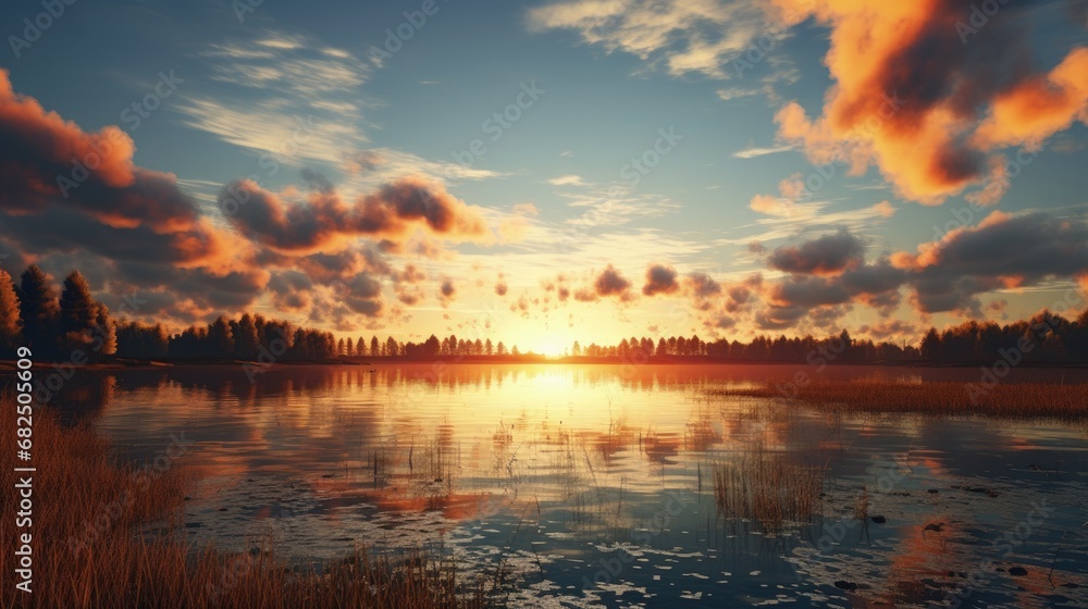 sunset at coast of the lake. Nature landscape. Nature in northern Europe. reflection, blue sky and yellow sunlight. landscape during sunset.