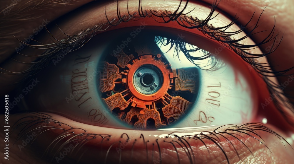 Illustration of surreal man with big eye watching movie, surreal abstract concept
