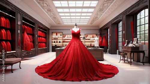 Realistic 3D render elegance couture dressmaking shop with luxury velvet red evening gown, white lace dress, premium satin cloths. Free-standing fitting room with curtain. Designer, Business, Interior photo