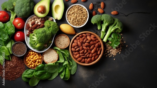 Vegan diet food. Selection of rich fiber sources vegan food. Foods high in plant based protein, vitamins, minerals, anthocyanins, antioxidants. Image with copy space photo