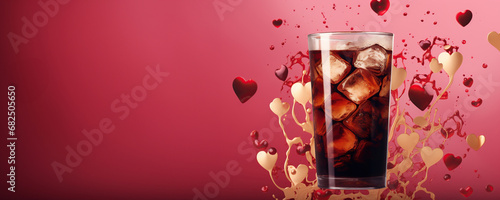 delicious cold brew and hearts on pink background, valentine's day theme, coffee shop advertisement photo