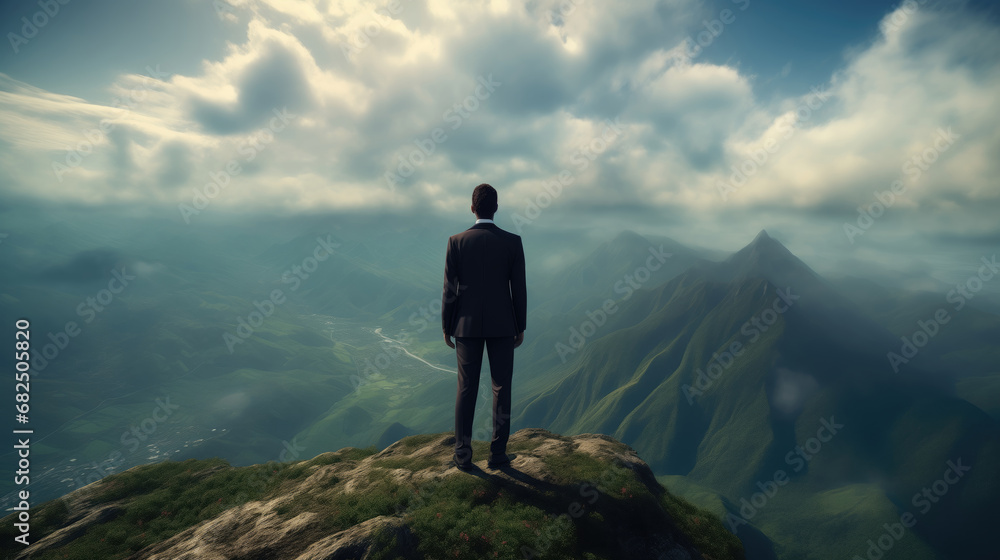 Businessman standing on the edge of a cliff and looking at the landscape Businessman standing on the edge of a cliff and looking at the landscape