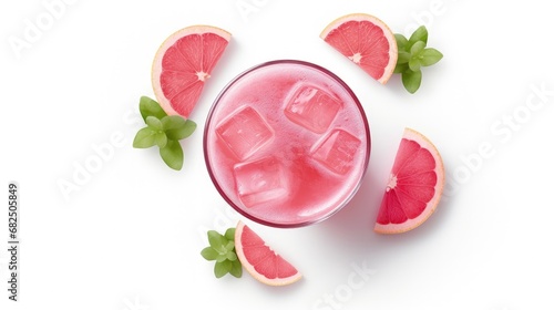 Pink cocktail with vodka, grapefruit and ice, soft cocktail, refreshing summer drink, isolated on white, top view