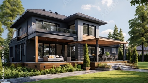 Large modern grey new house with back porch from back yard with green grass and nice landscaping. © HN Works