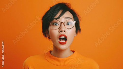 Shocked surprised young woman in orange sweater with eyeglasses. © Synthetica