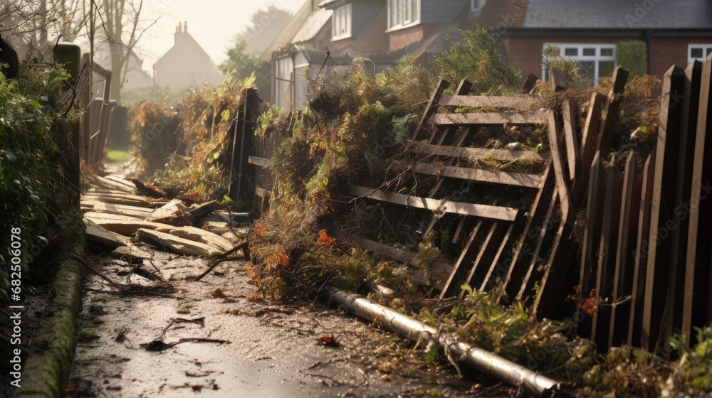 Storm "Eunice" damage to a garden fence in the UK on 18 Feb 2022. - obrazy, fototapety, plakaty 