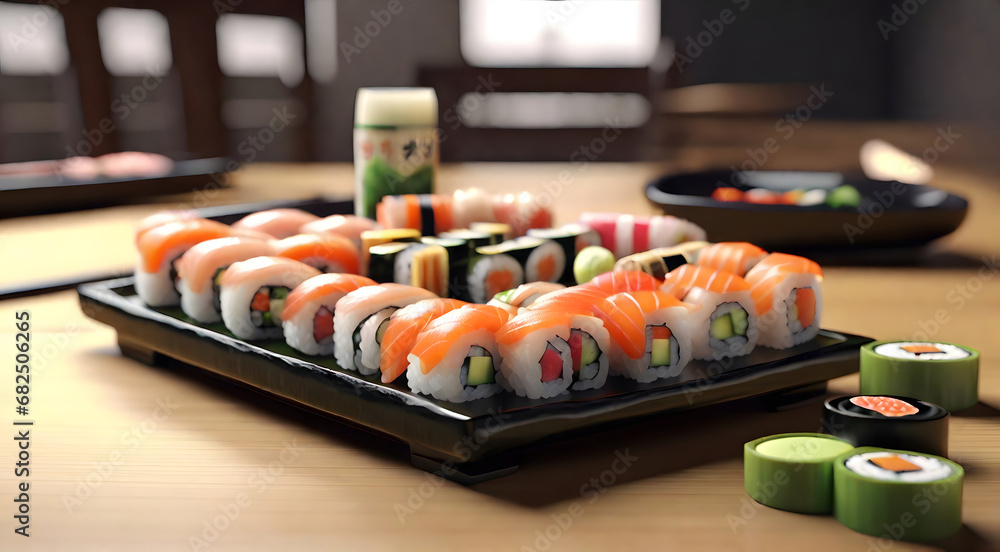 Fresh sushi plate on the table generated by AI Fresh sushi plate on the table generated by AI