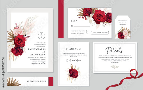 Bohemian, elegant wedding cards set. Red, pink roses, dry palm, pampas grass, white leaves branch bouquet decoration. Editable, watercolor style vector illustration, white background. Winter party set