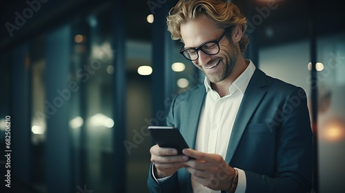 Businessman happy with good news on his smartphone