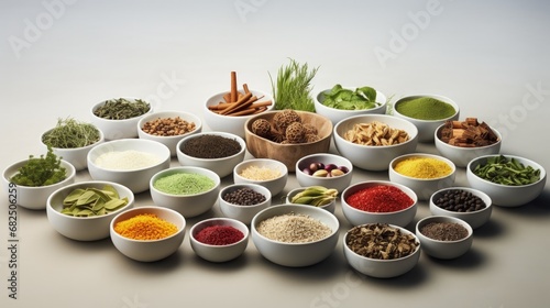 Various Herbs and spices on in white porcelain bowls ingredients used in herbal folk medicine,alternative medicine