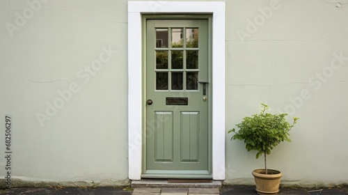  a potted plant in front of a green door on a white building with a glass pane on the side of the door and a brick walkway in front of the door.