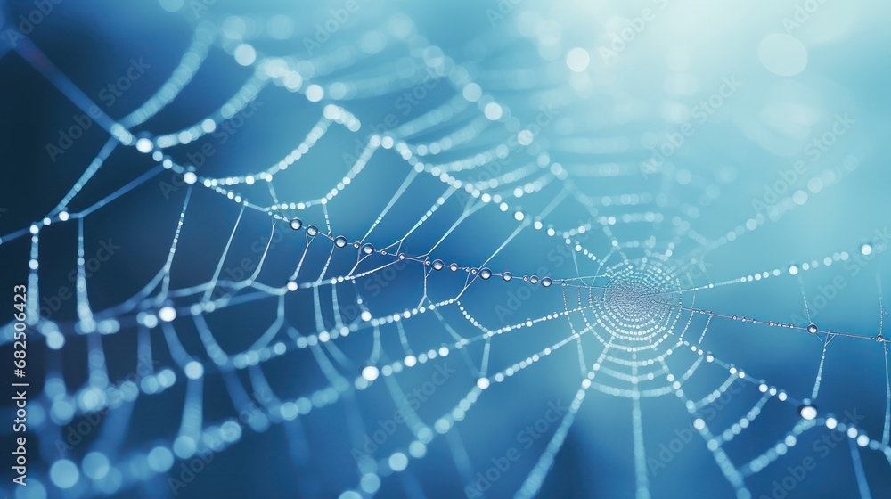 a close up of a spider web with drops of water on it's spider's web, with a blue sky in the back ground and a blurry background. a close up of a spider web with drops of water on it's spider's web, with a blue sky in the back ground and a blurry background.