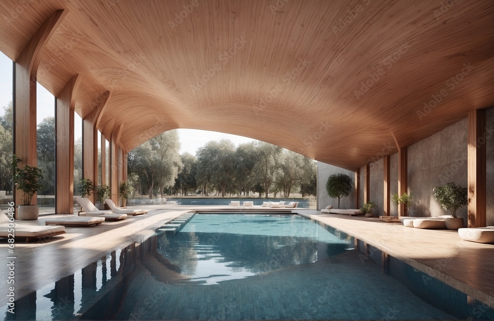 Fototapeta premium Outdoor loft-style pool with a wooden roof and trees and sun loungers for sports swimming