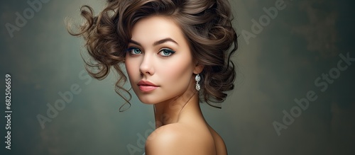 The young woman, a beautiful and elegant model, exudes glamour and beauty in her fashion portrait; her cute and sexy hairstyle complements her sweet and captivating persona, creating a stunning