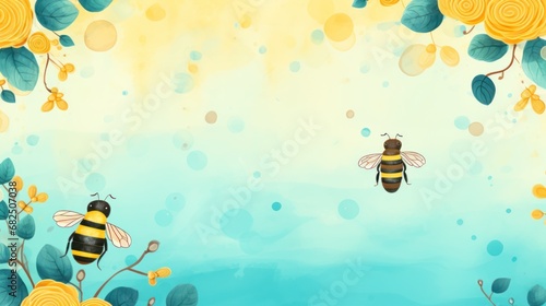  a painting of two bees in the middle of a blue and yellow background with leaves and flowers on the bottom right side of the picture, and the bottom half of the picture is a yellow