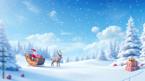 Santa Claus with reindeer in the sunny day winter forest. © Tida